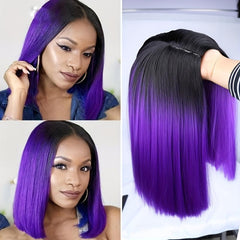 Ombre Purple Synthetic Straight Hair Wig Middle Part Short Straight Hair Wigs