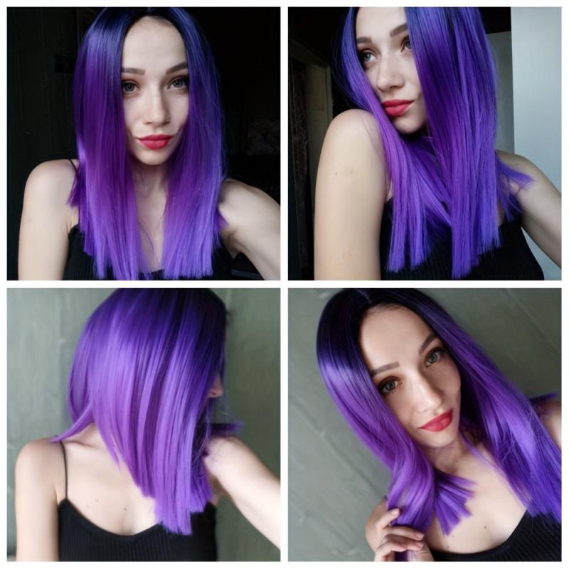 Ombre Purple Synthetic Straight Hair Wig Middle Part Short Straight Hair Wigs