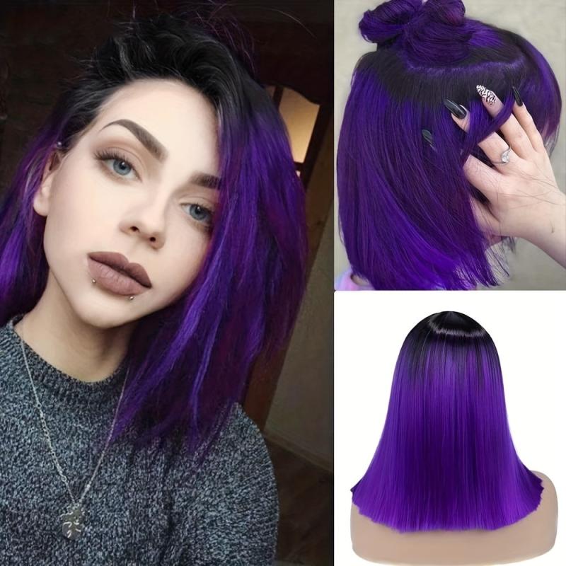 Ombre Purple Synthetic Straight Hair Wig Middle Part Short Straight Hair Wigs