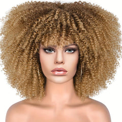 Short Afro Puff Wig Curly Bangs Synthetic Beginners Heat Resistant