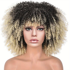Short Afro Puff Wig Curly Bangs Synthetic Beginners Heat Resistant