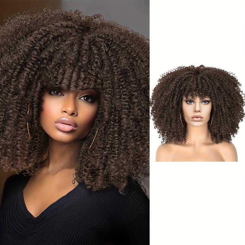 Short Afro Puff Wig Curly Bangs Synthetic Beginners Heat Resistant