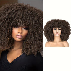 Short Afro Puff Wig Curly Bangs Synthetic Beginners Heat Resistant