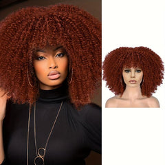 Short Afro Puff Wig Curly Bangs Synthetic Beginners Heat Resistant