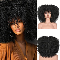 Short Afro Puff Wig Curly Bangs Synthetic Beginners Heat Resistant