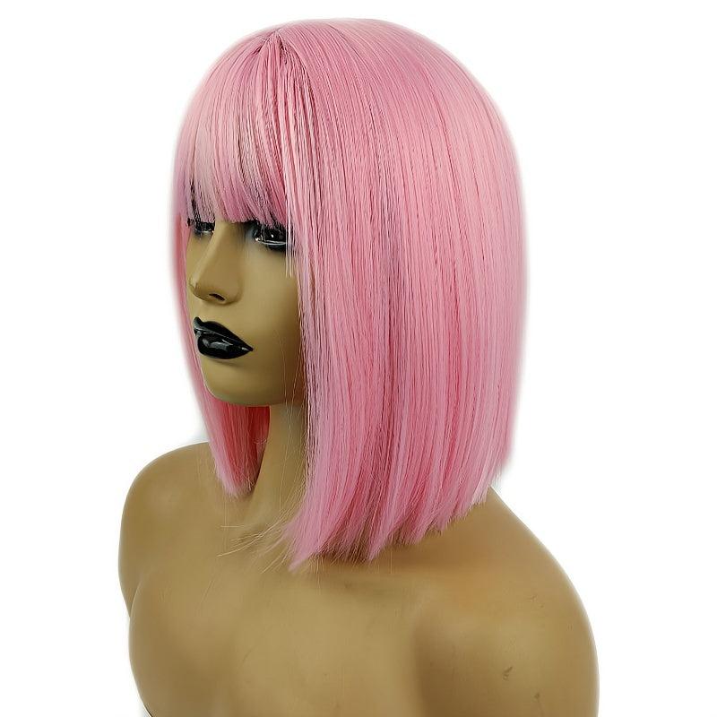 Short Pink Bob Wig With Bangs For Women Costume Wig