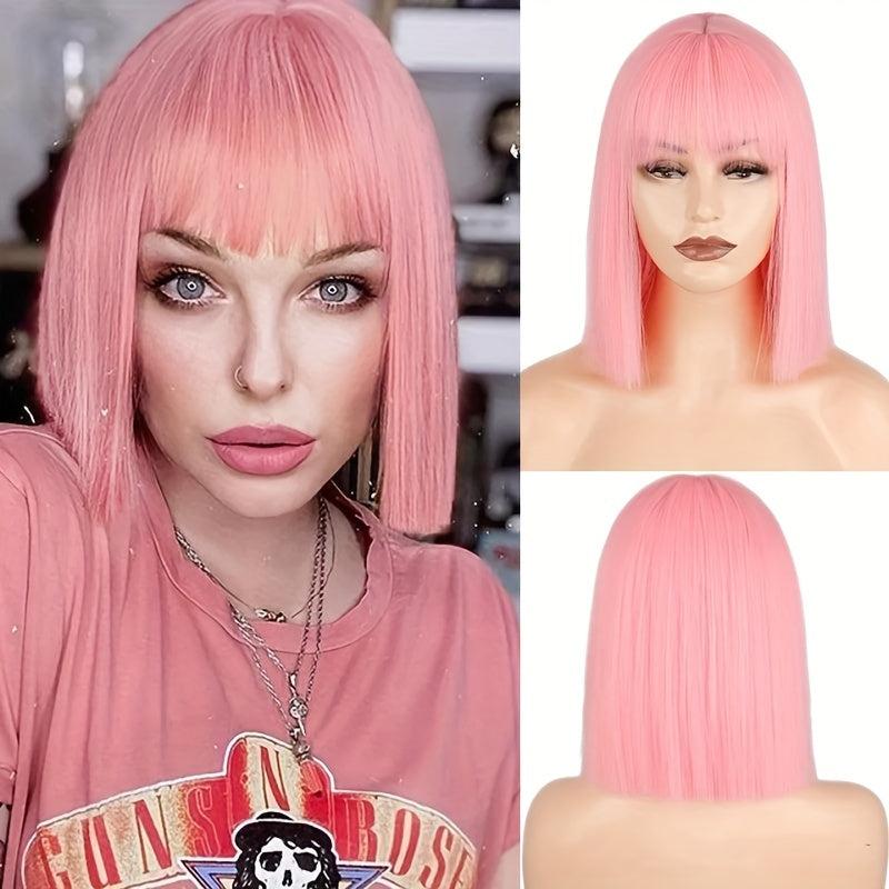 Short Pink Bob Wig With Bangs For Women Costume Wig