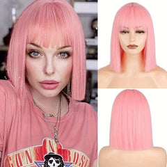 Short Pink Bob Wig With Bangs For Women Costume Wig