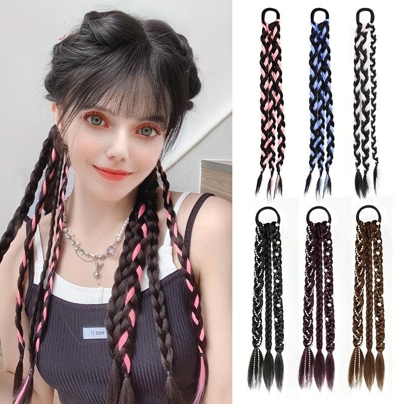 Braided Ponytail Wig With Faux Pearl Adornment