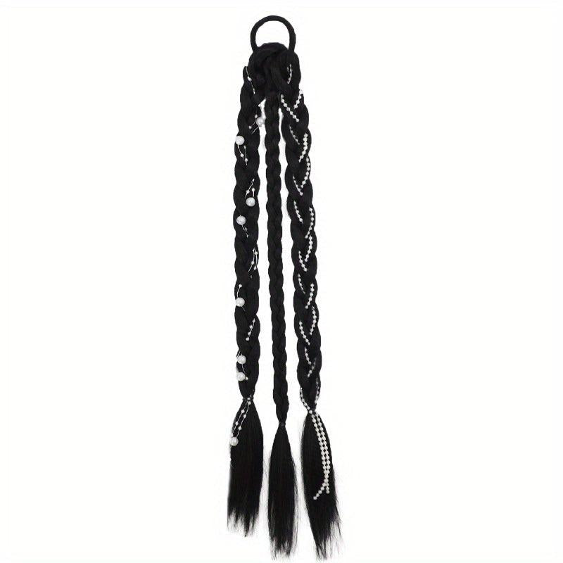 Braided Ponytail Wig With Faux Pearl Adornment