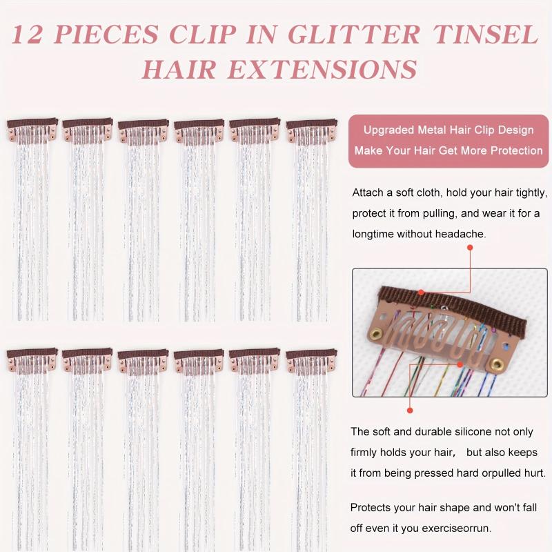 12pcs Pack Hair Tinsel Kit Party Highlight Glitter Tinsel Hair Extension