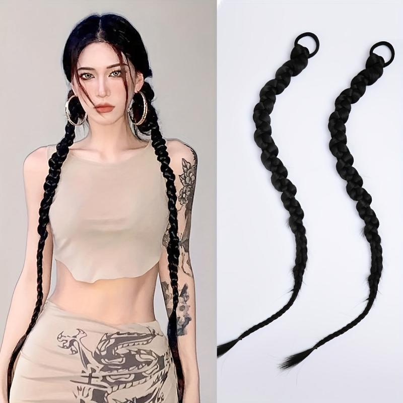 2PCs Braided Ponytail Extension Elastic Hair Tie Straight Wrap For Women