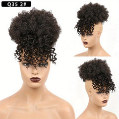 Short African Fluffy Hair Extensions with Bangs Clip In Drawstring Ponytail