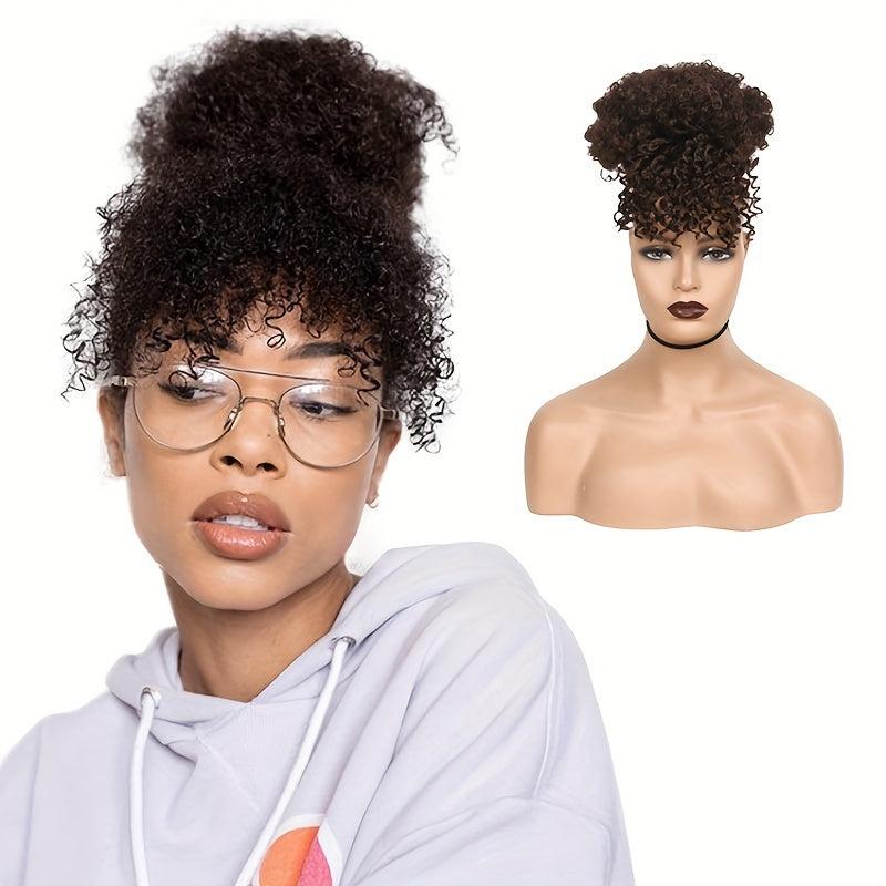 Short African Fluffy Hair Extensions with Bangs Clip In Drawstring Ponytail