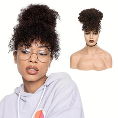 Short African Fluffy Hair Extensions with Bangs Clip In Drawstring Ponytail