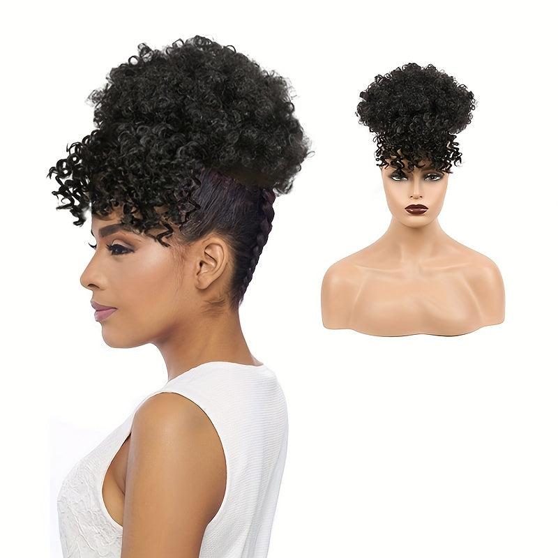 Short African Fluffy Hair Extensions with Bangs Clip In Drawstring Ponytail