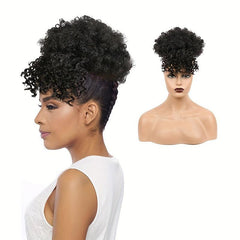 Short African Fluffy Hair Extensions with Bangs Clip In Drawstring Ponytail