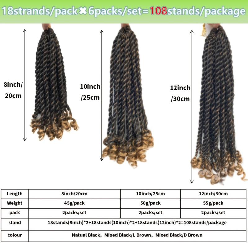 6packs Senegalese Twist Crochet With Curly Ends Hair Extension 1B
