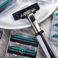 Vintage 2-Layer Razor Set with 12 Refills - Stainless Steel Manual Shave Razors