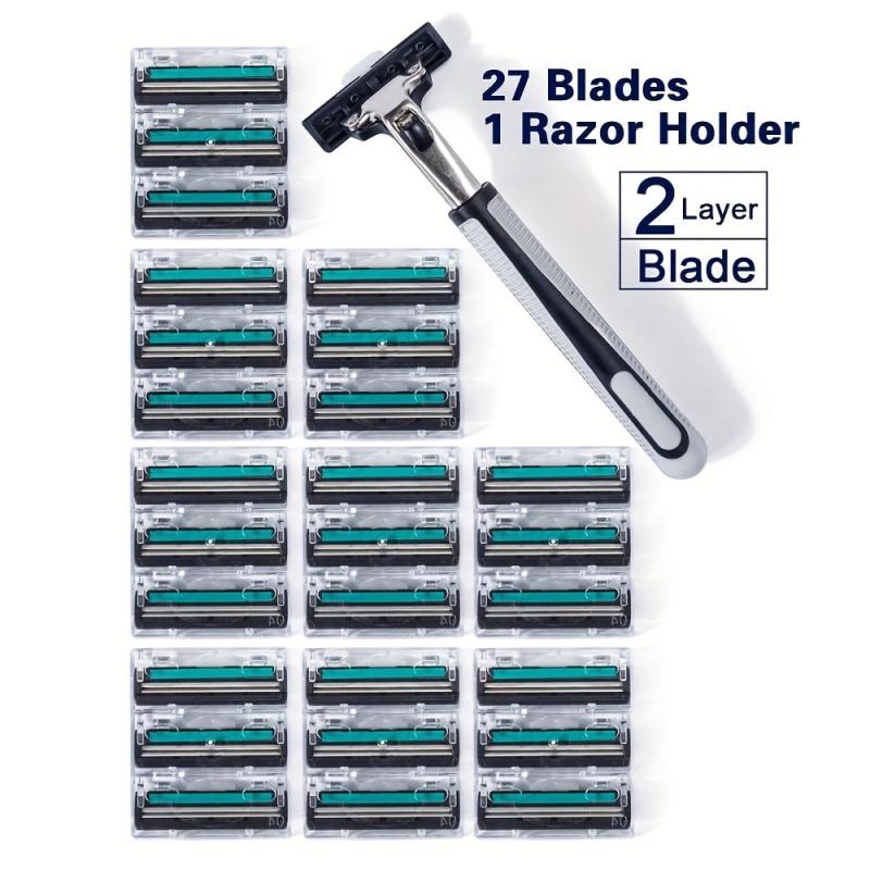 Vintage 2-Layer Razor Set with 12 Refills - Stainless Steel Manual Shave Razors