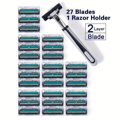 Vintage 2-Layer Razor Set with 12 Refills - Stainless Steel Manual Shave Razors