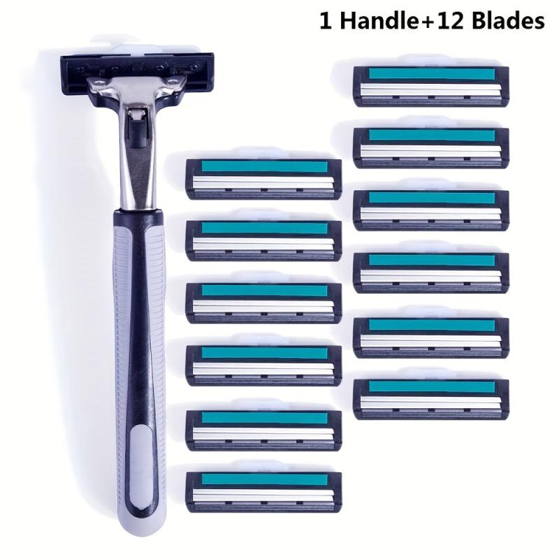 Vintage 2-Layer Razor Set with 12 Refills - Stainless Steel Manual Shave Razors