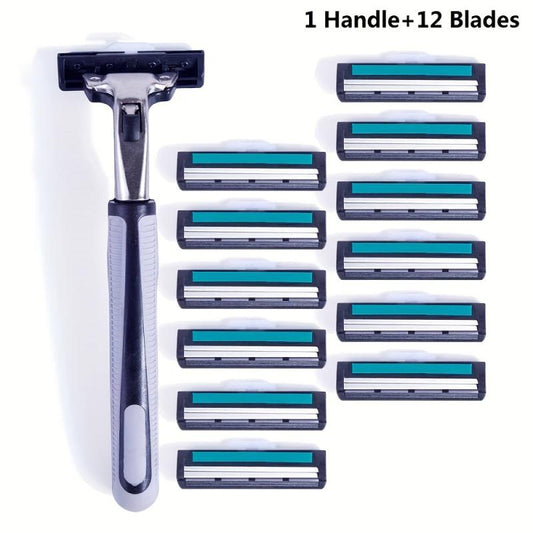 Vintage 2-Layer Razor Set with 12 Refills - Stainless Steel Manual Shave Razors