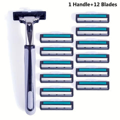 Vintage 2-Layer Razor Set with 12 Refills - Stainless Steel Manual Shave Razors