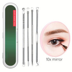 4pcs Stainless Steel Acne Needle Set With 10X Magnification Mirror