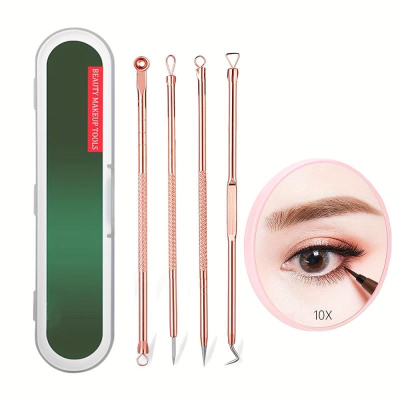 4pcs Stainless Steel Acne Needle Set With 10X Magnification Mirror