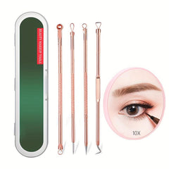 4pcs Stainless Steel Acne Needle Set With 10X Magnification Mirror