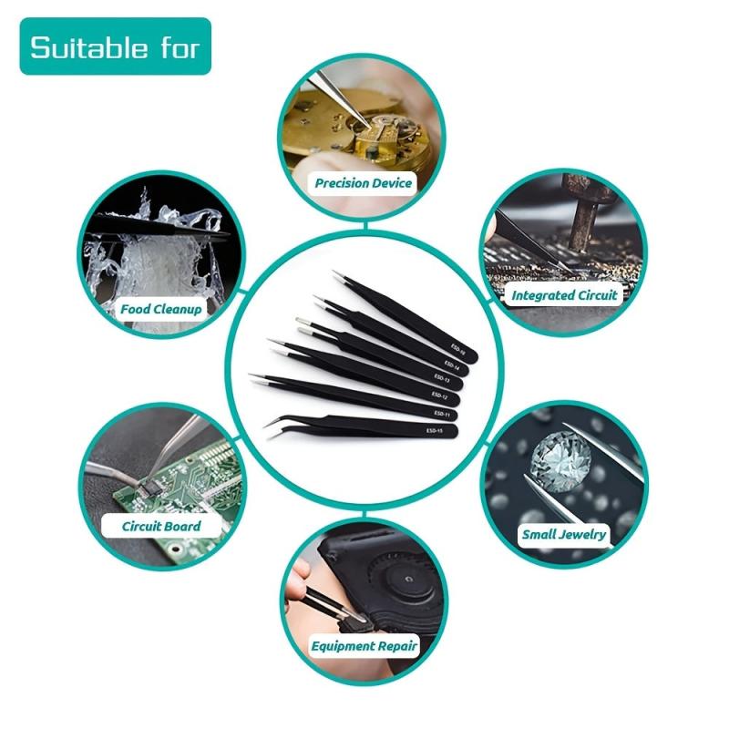 6Pcs Anti Static Stainless Steel Tweezers for Maintenance & Repair