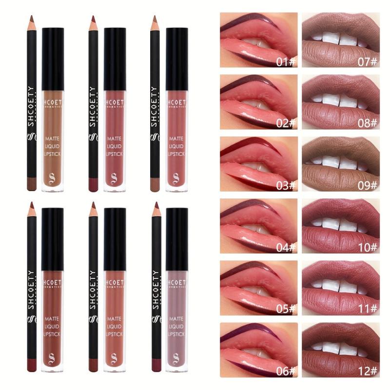 SHCOETY 12 Colors Lip Glaze Lip Liner Set Waterproof And Long Lasting