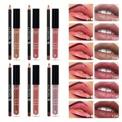 SHCOETY 12 Colors Lip Glaze Lip Liner Set Waterproof And Long Lasting