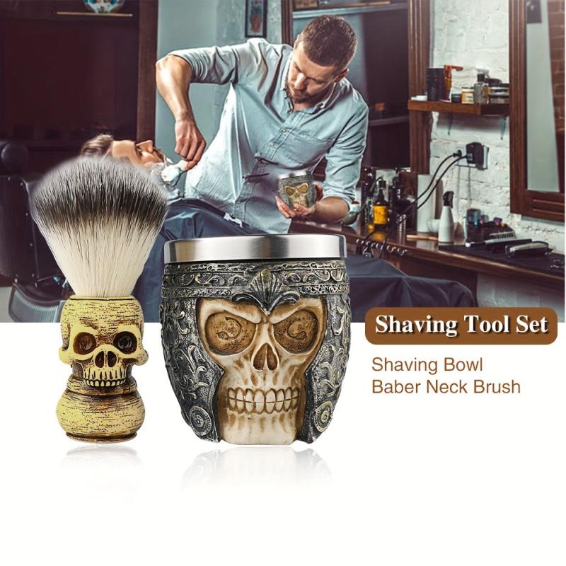 Skull Head Barber Salon Beard Shaving Brush with Skull Shaving Bowl