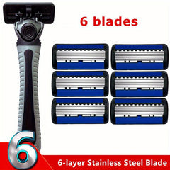 6-Layer Stainless Steel Razor with Handle, Replacement Holder, Shave Supplies