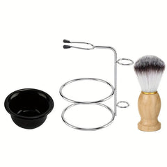 Wooden Handle Men's Shaving Brush Set Soft Hair Stainless Steel Stand & ABS Bowl