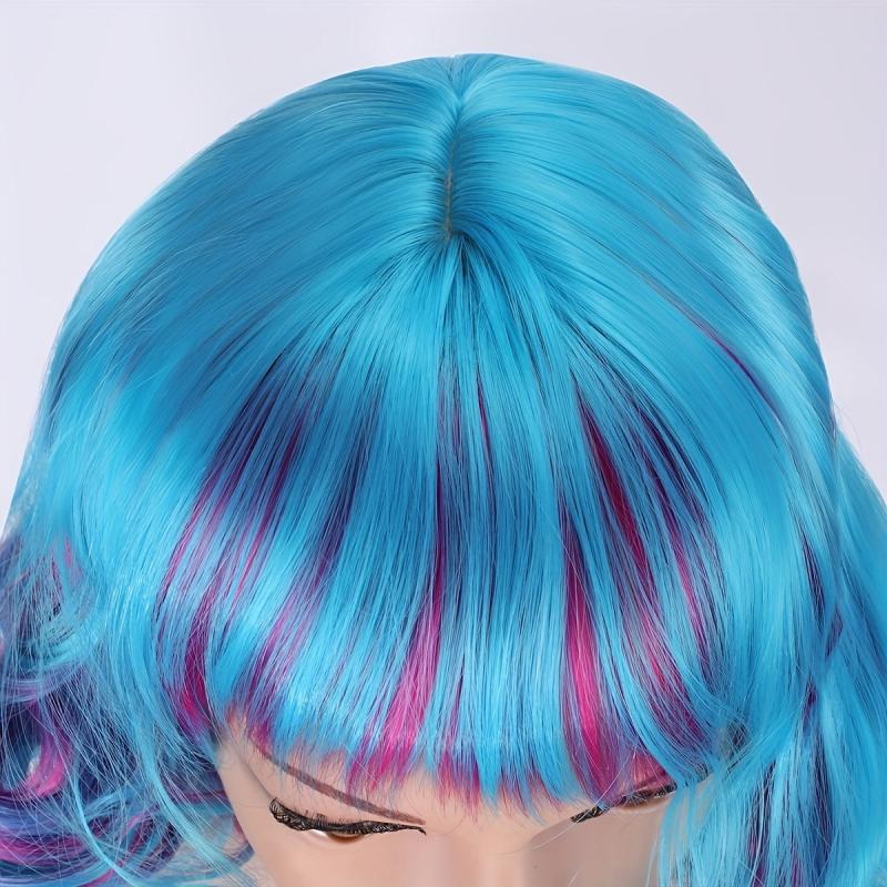 Rainbow Curly Bob Wig With Bangs Heat Resistant