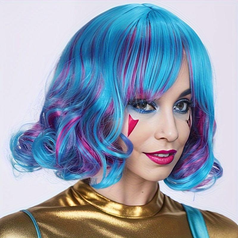 Rainbow Curly Bob Wig With Bangs Heat Resistant