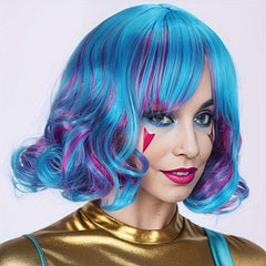 Rainbow Curly Bob Wig With Bangs Heat Resistant