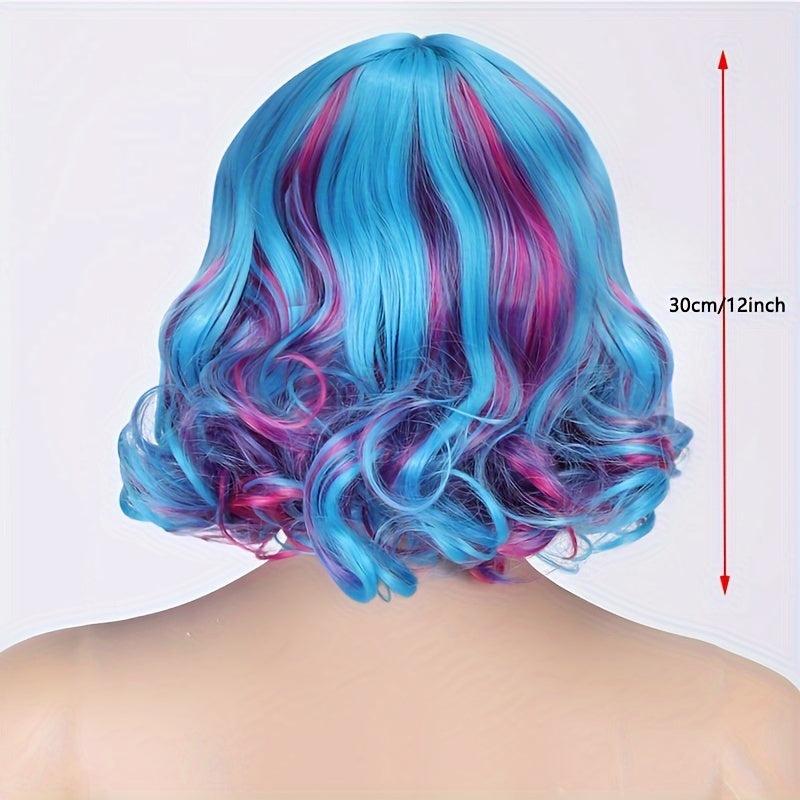 Rainbow Curly Bob Wig With Bangs Heat Resistant