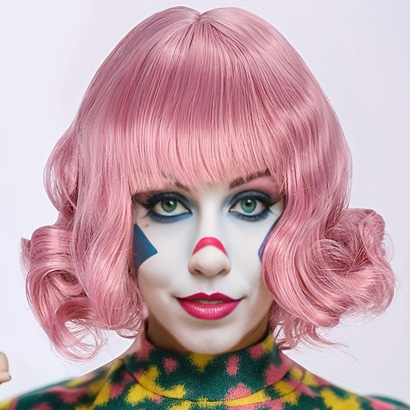 Rainbow Curly Bob Wig With Bangs Heat Resistant