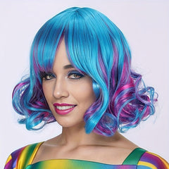 Rainbow Curly Bob Wig With Bangs Heat Resistant
