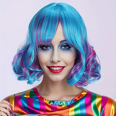 Rainbow Curly Bob Wig With Bangs Heat Resistant
