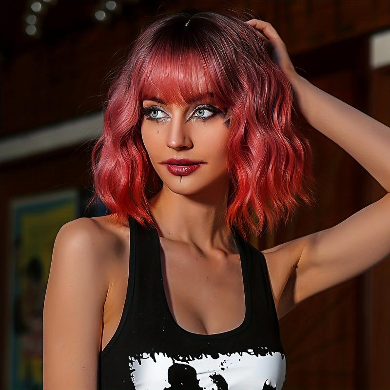 Ombre Short Curly Bob Wigs 30 48 Cm Ombre Pink Wigs With Bangs