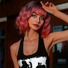 Ombre Short Curly Bob Wigs 30 48 Cm Ombre Pink Wigs With Bangs