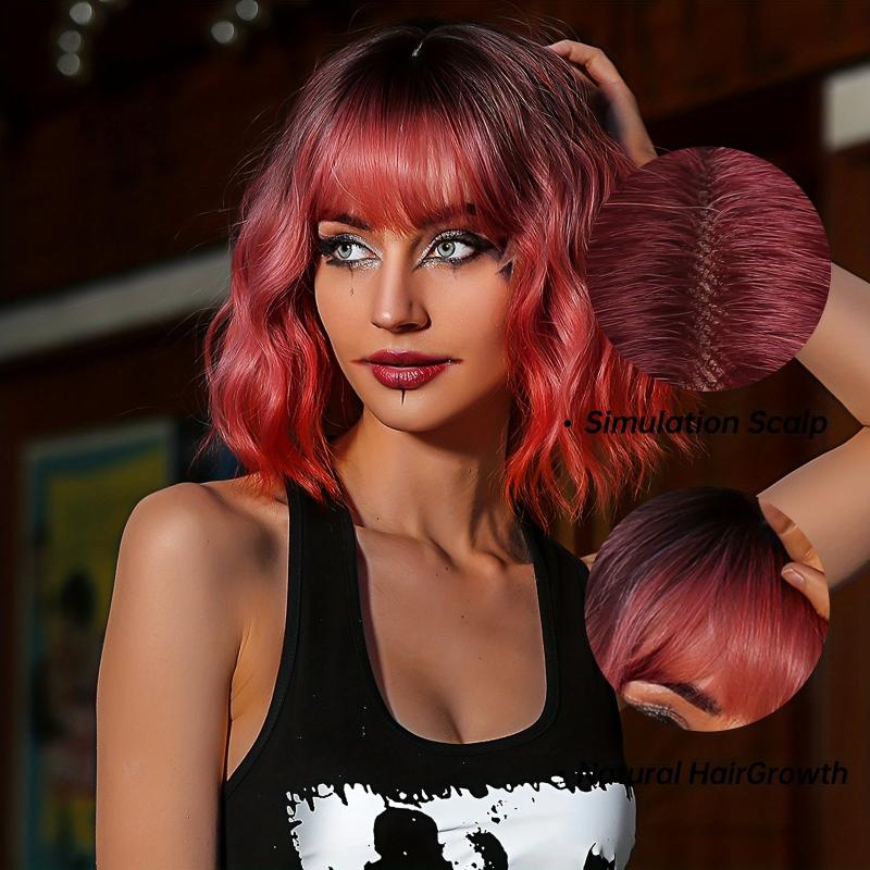 Ombre Short Curly Bob Wigs 30 48 Cm Ombre Pink Wigs With Bangs
