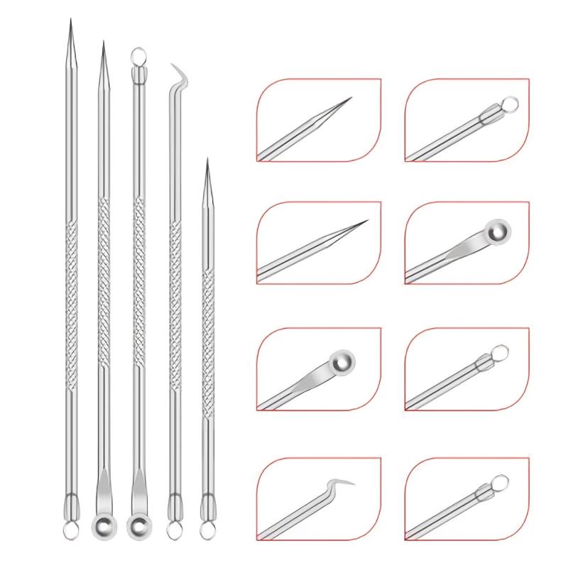 5pcs Pimple Popping Kit Stainless Steel Acne Clips & Beauty Needles
