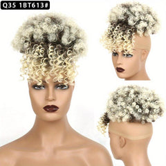 Afro Curly Hair Bun Topper with Bangs Synthetic Clip In Hair Extensions