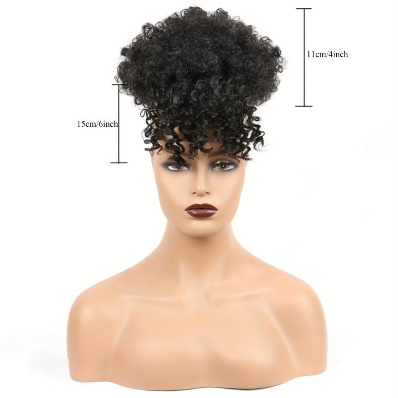 Afro Curly Hair Bun Topper with Bangs Synthetic Clip In Hair Extensions